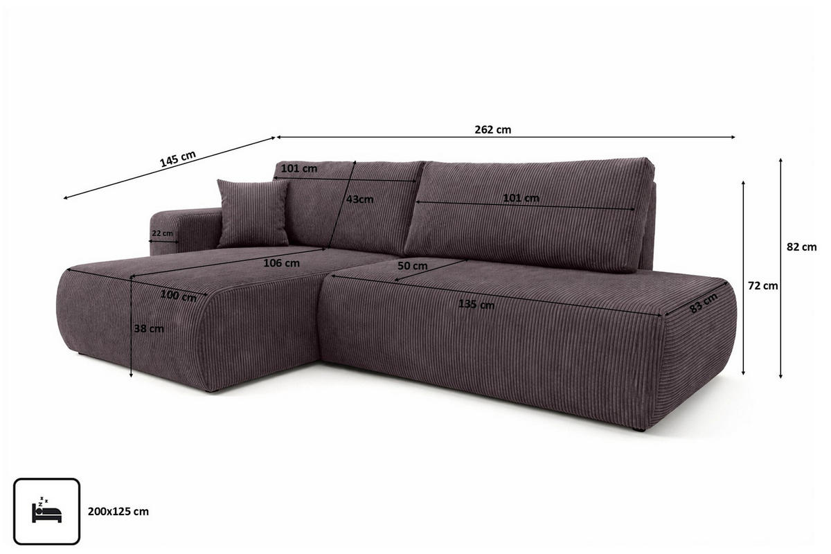 ECKSOFA Mit Schlaffunktion Und Bettkasten, Cordstoff Poso, Dunkelgrau, Links, OPEN XL - Dunkelgrau, Holz (262/145cm) - Kaiser Möbel