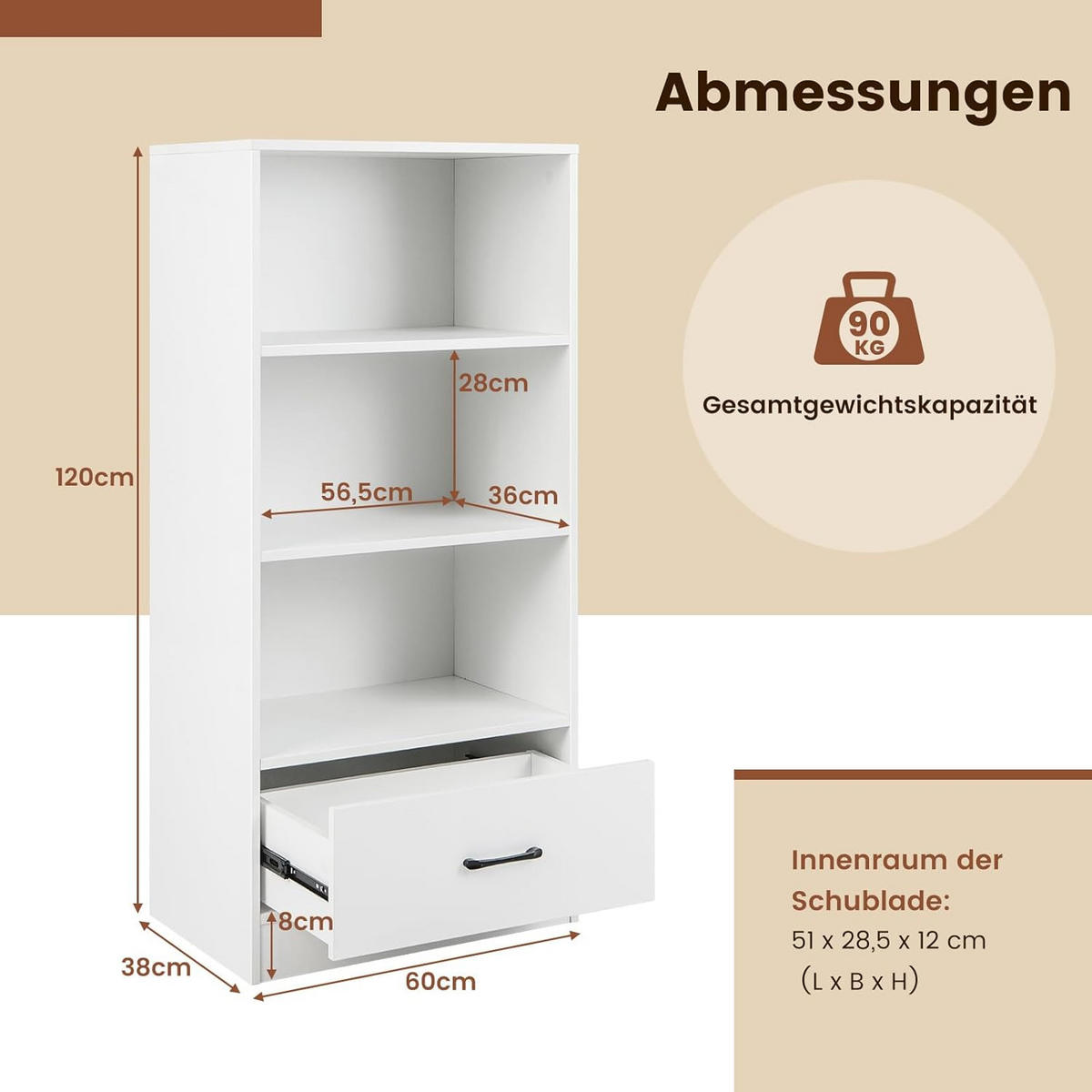 BÜCHERSCHRANK Weiß - Weiß, Holz (38/120/60cm) - COSTWAY