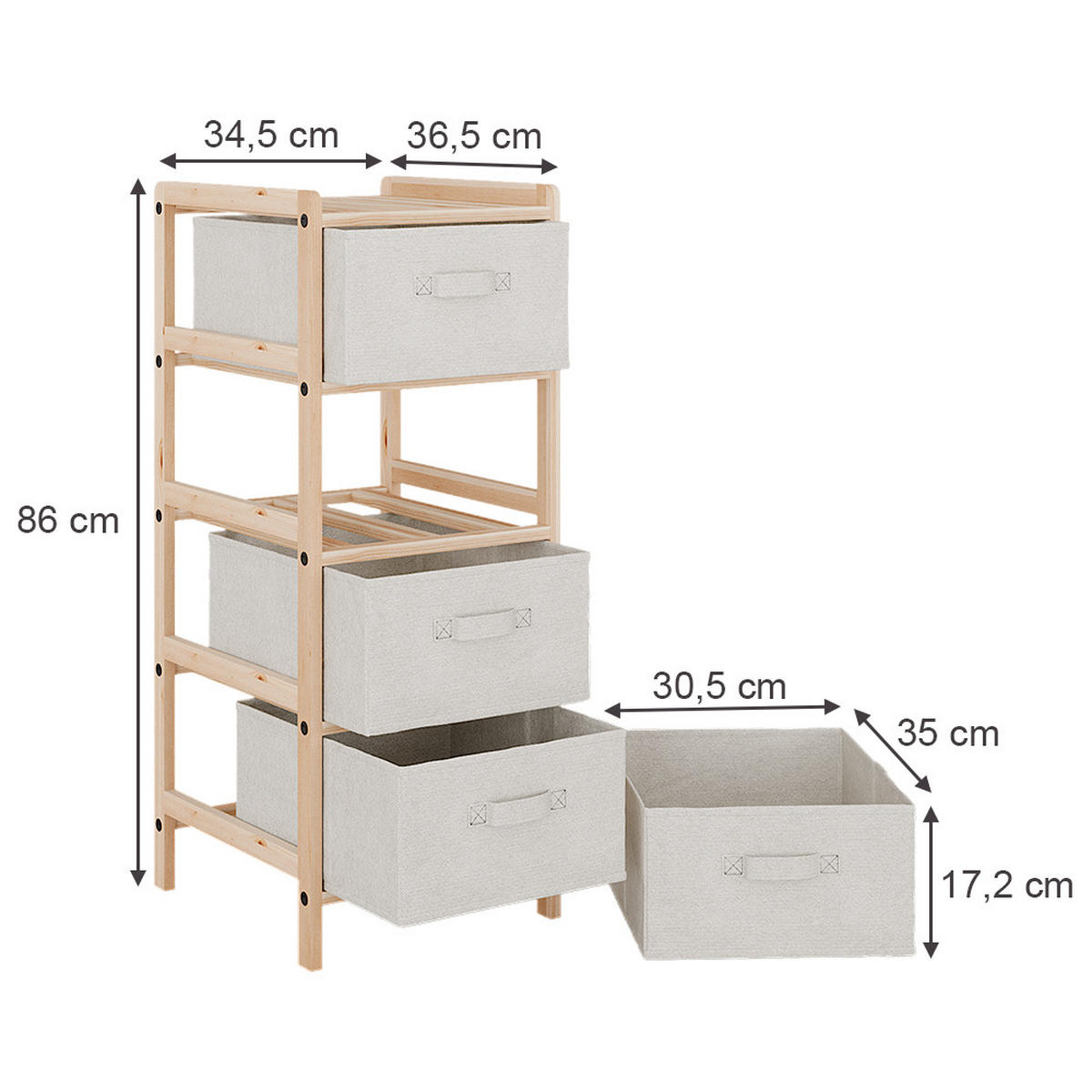 KOMMODE Bruno Beige 34.5 x 86 cm mit 4 Stoffschubladen - Beige/Naturfarben, Holzwerkstoff (34.5/86/36.5cm) - Vicco