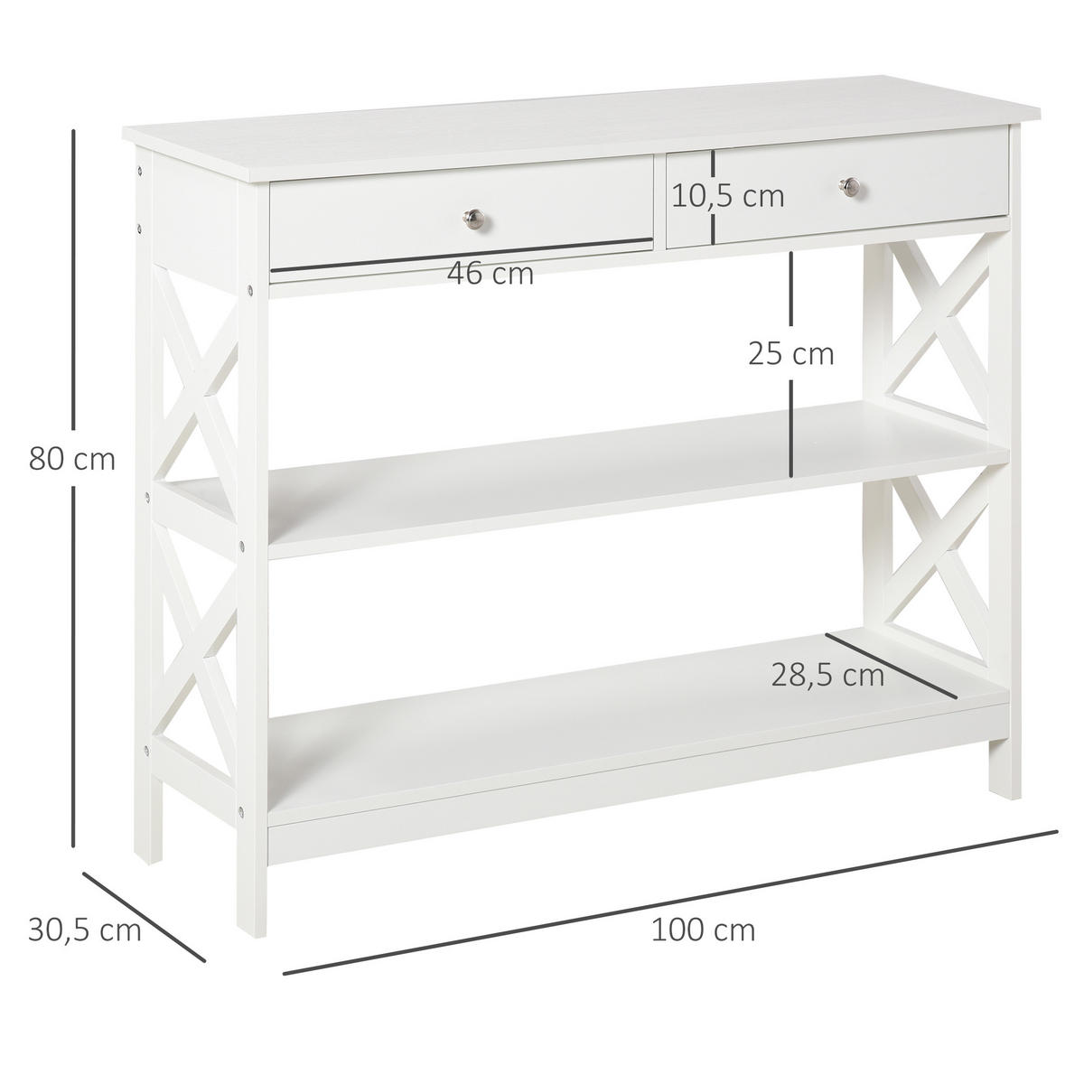 KONSOLENTISCH DE-16761 2 Schubladen + 2 Ablagen, 100 cm Weiß - Weiß, Holzwerkstoff (100/30.5/80cm) - ComfortXL