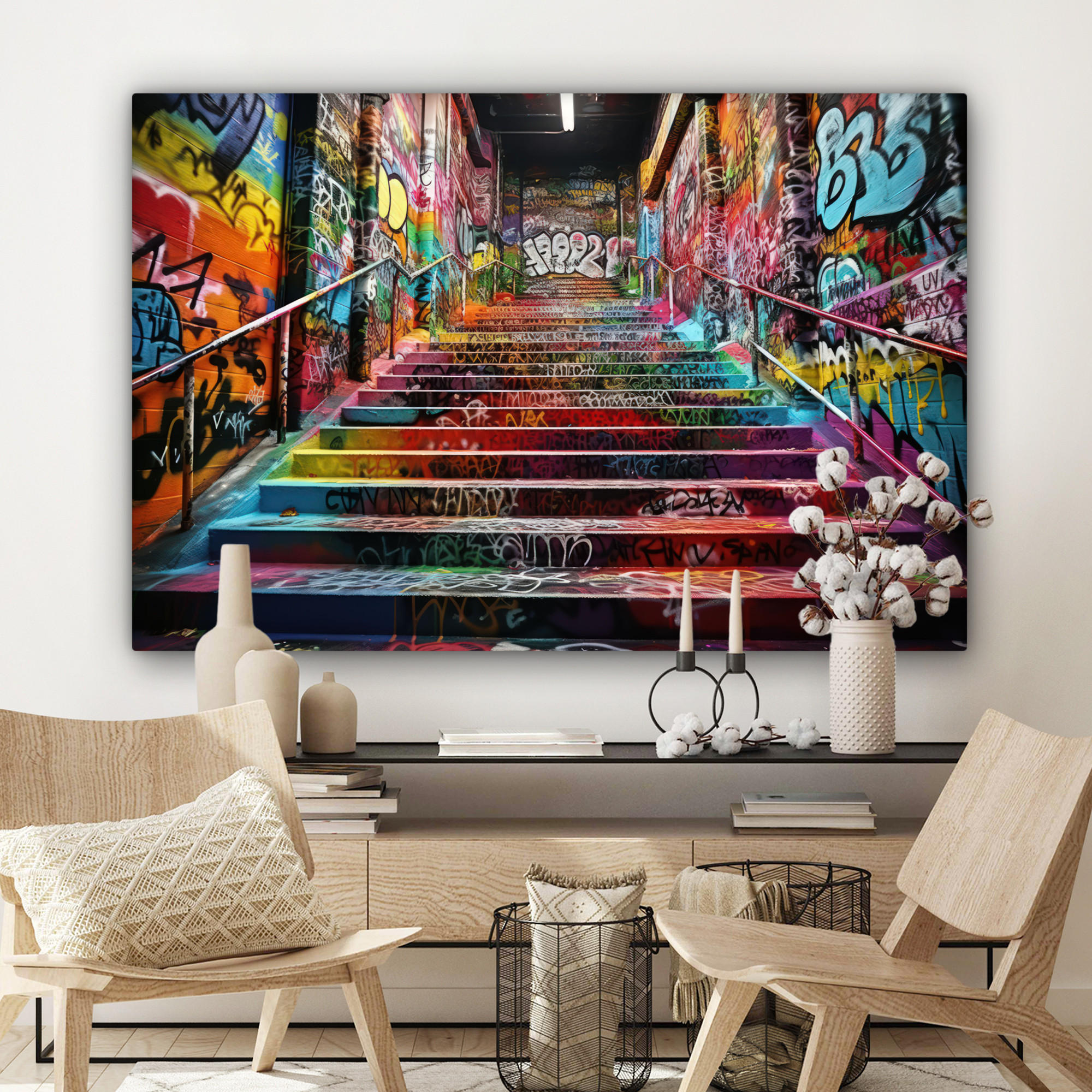 LEINWANDBILD Treppe - Graffiti - Farben - Kunst Groß 140x90 cm - Multicolor, Textil (140/90cm) - MuchoWow