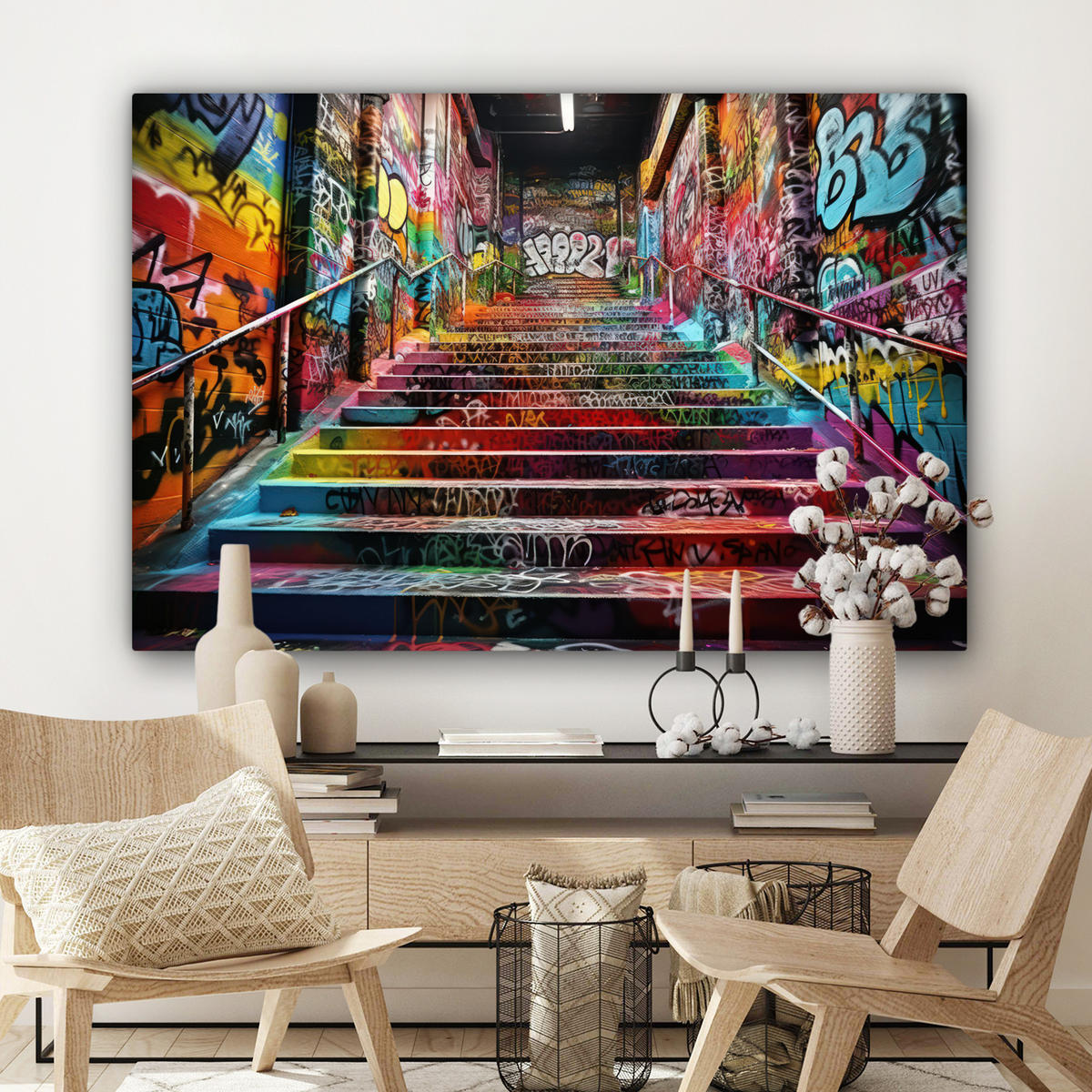 LEINWANDBILD Treppe - Graffiti - Farben - Kunst Groß 140x90 cm - Multicolor, Textil (140/90cm) - MuchoWow