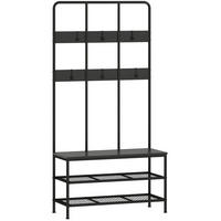 PŘEDSÍŇOVÝ věšák černý z kovu s lavicí, háčky a botníkem - černá, kov (91/180/36cm) - OKWISH