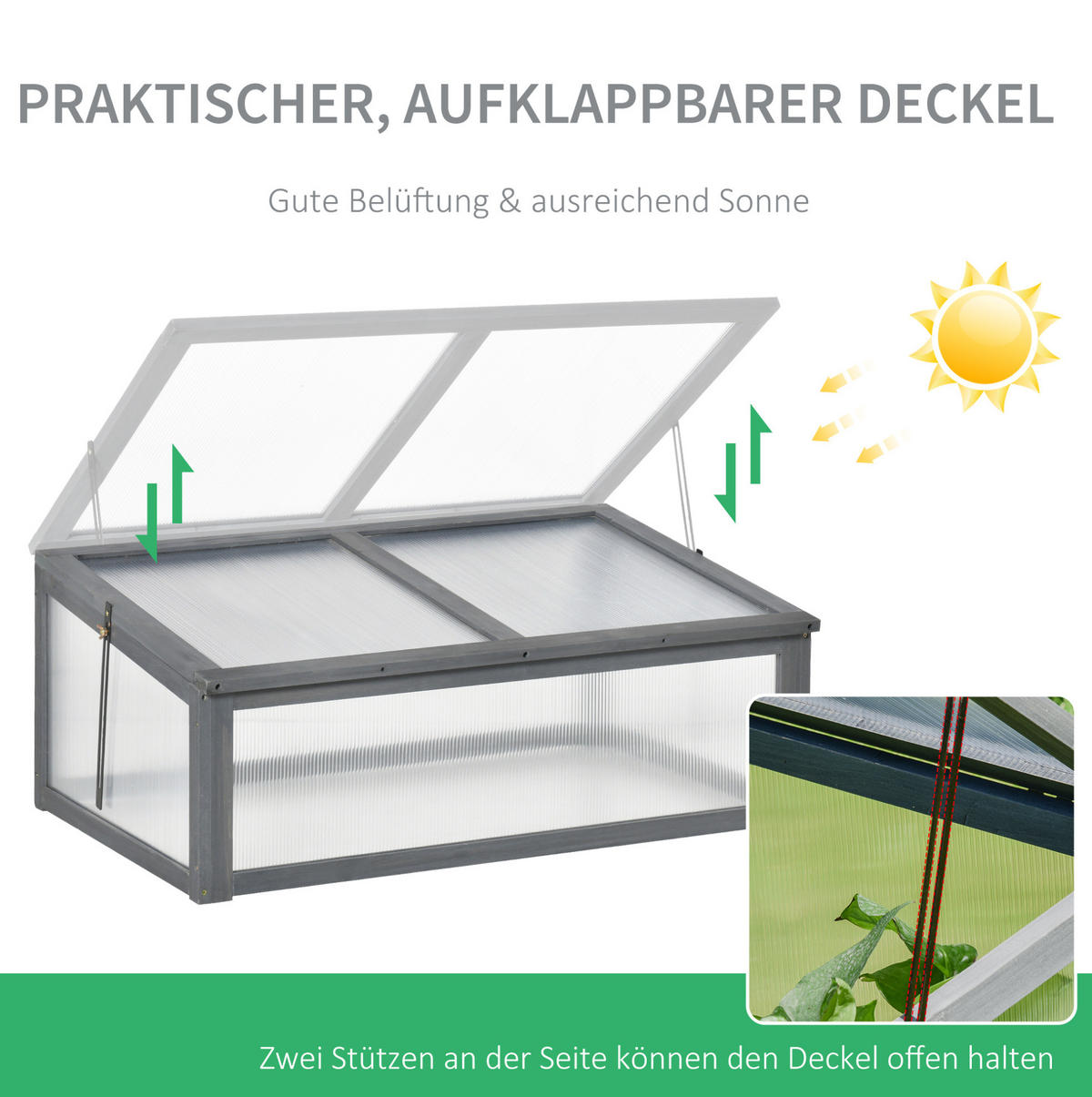 GEWÄCHSHAUS aus Holz 100x65x40 cm in Grau mit aufklappbarer Abdeckung - Grau, Holz (65/40/100cm) - Modfu
