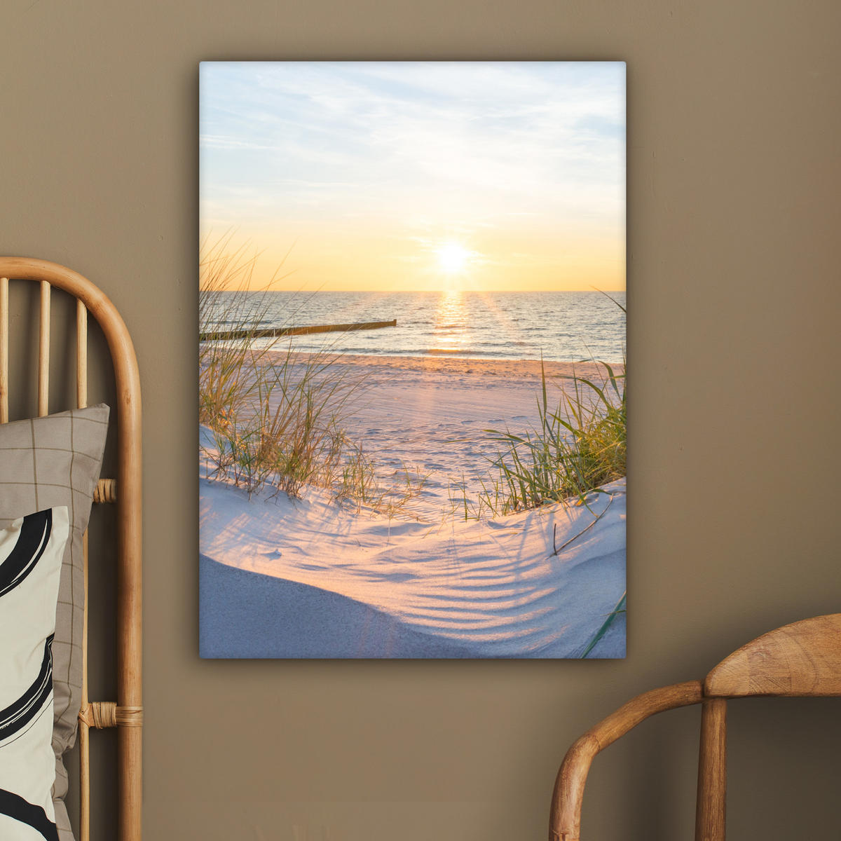 LEINWANDBILD Strand - Sonne - Düne - Gras - Sand - Horizont 60x80 cm - Hellblau, Textil (60/80cm) - MuchoWow