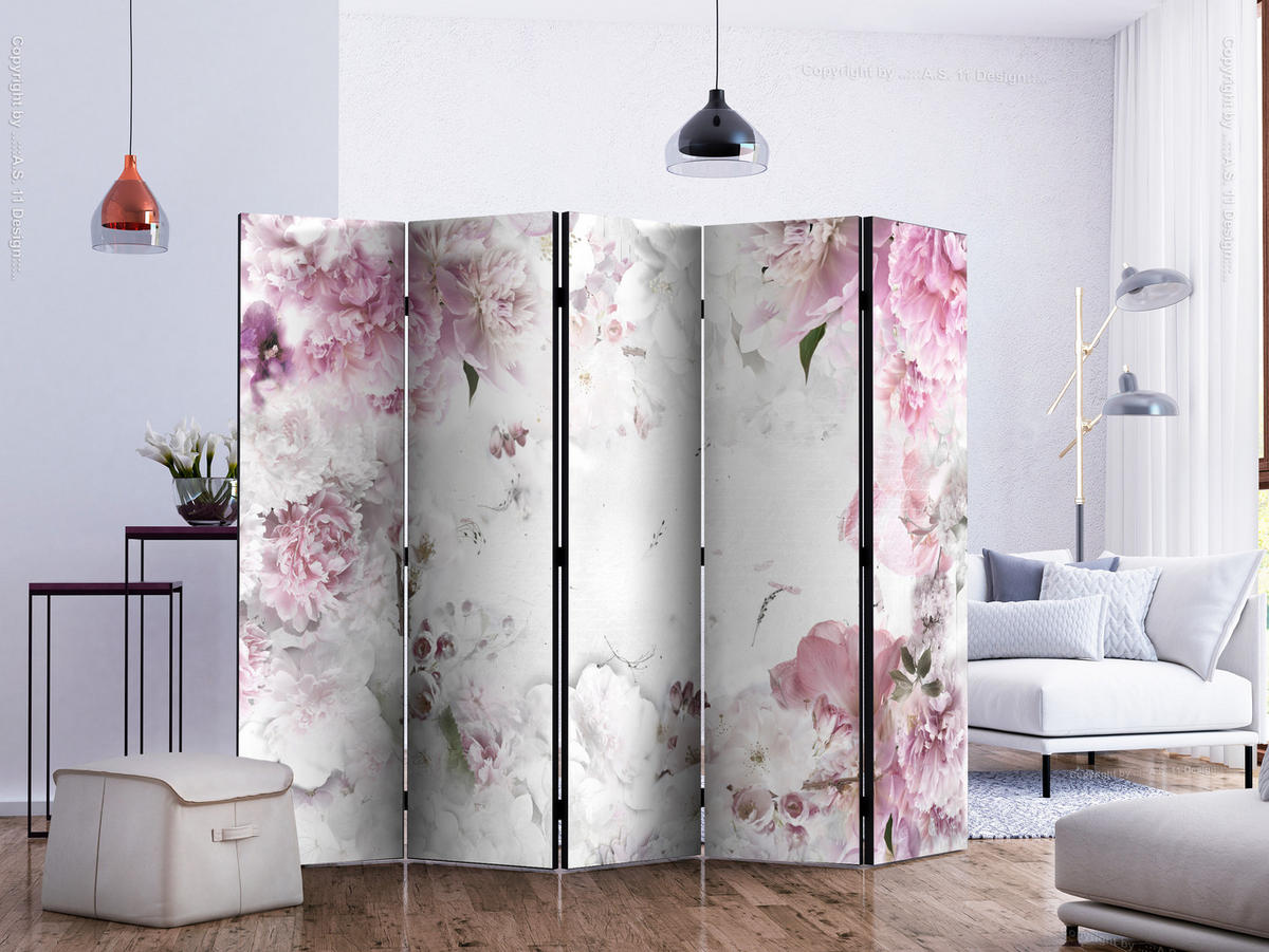PARAVÁN Obojstranný 5-dielny 225x172 cm Ružové Pivonky - biela, drevo/textil (225/172/3cm) - Muralo