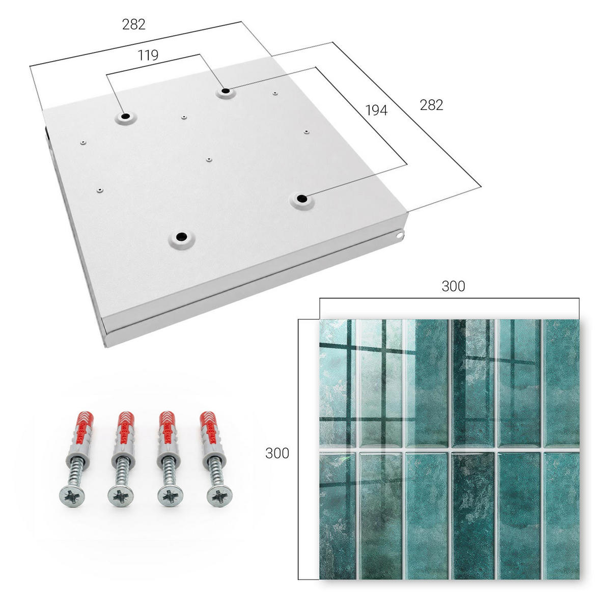 SCHLÜSSELBOX Weiß 30x30 cm – Türöffnung nach rechts - Türkisfarbene Fliesen - Türkis, Metall (30/30/5cm) - TULUP