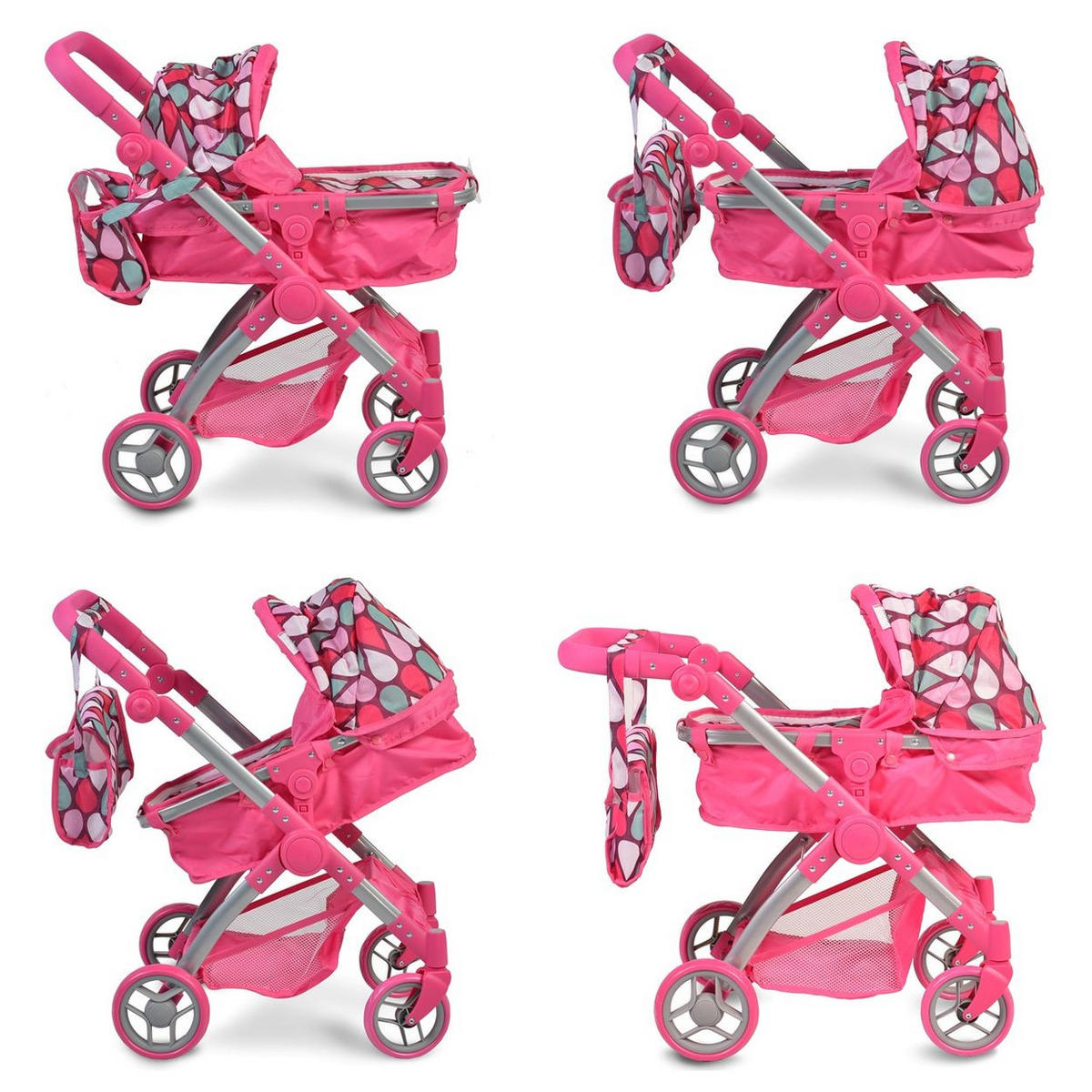 PUPPENBUGGY Vicky 9620 pink Tasche, Schiebegriff höhenverstellbar, Sonnendach, Tragetasche - Rosa, Metall (39/68/62cm) - Moni