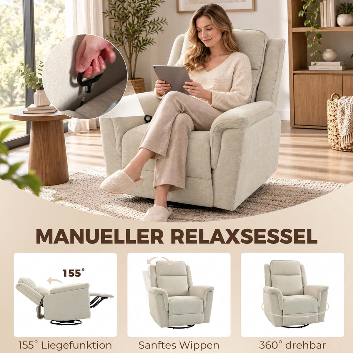 RELAXSESSEL Polyester Cremeweiß - Creme, Textil/Metall (97/102/99cm) - HOMCOM