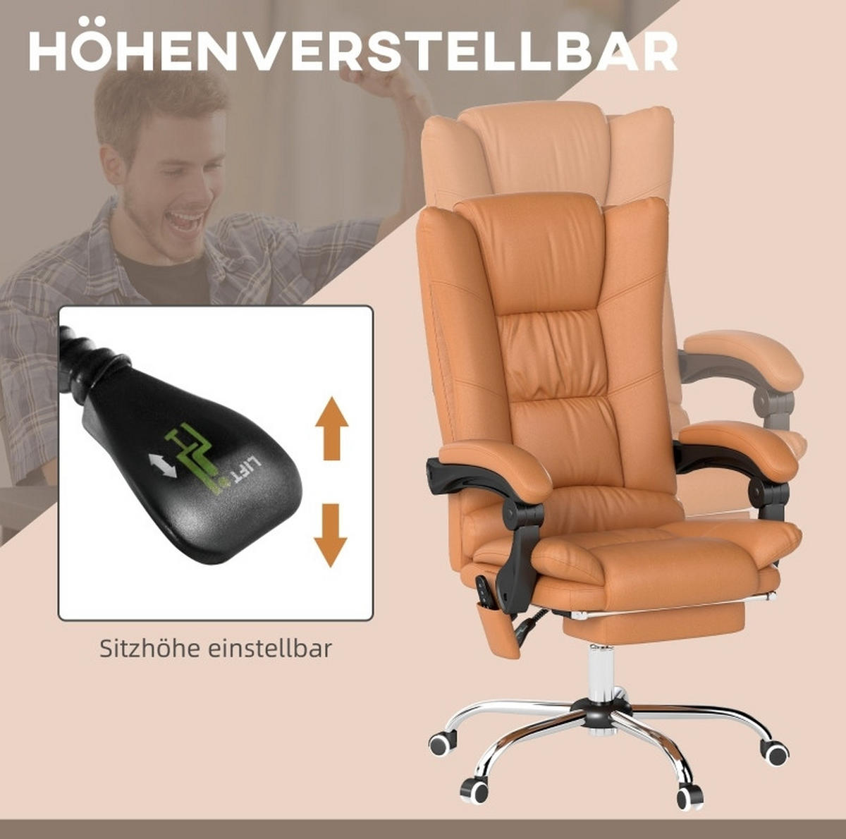 DREHSTUHL 64/70/110-118 cm, Massage & Wärme, Kunstleder, 120 kg Tragkraft, braun - Braun, Kunststoff (70/118/64cm) - Redom