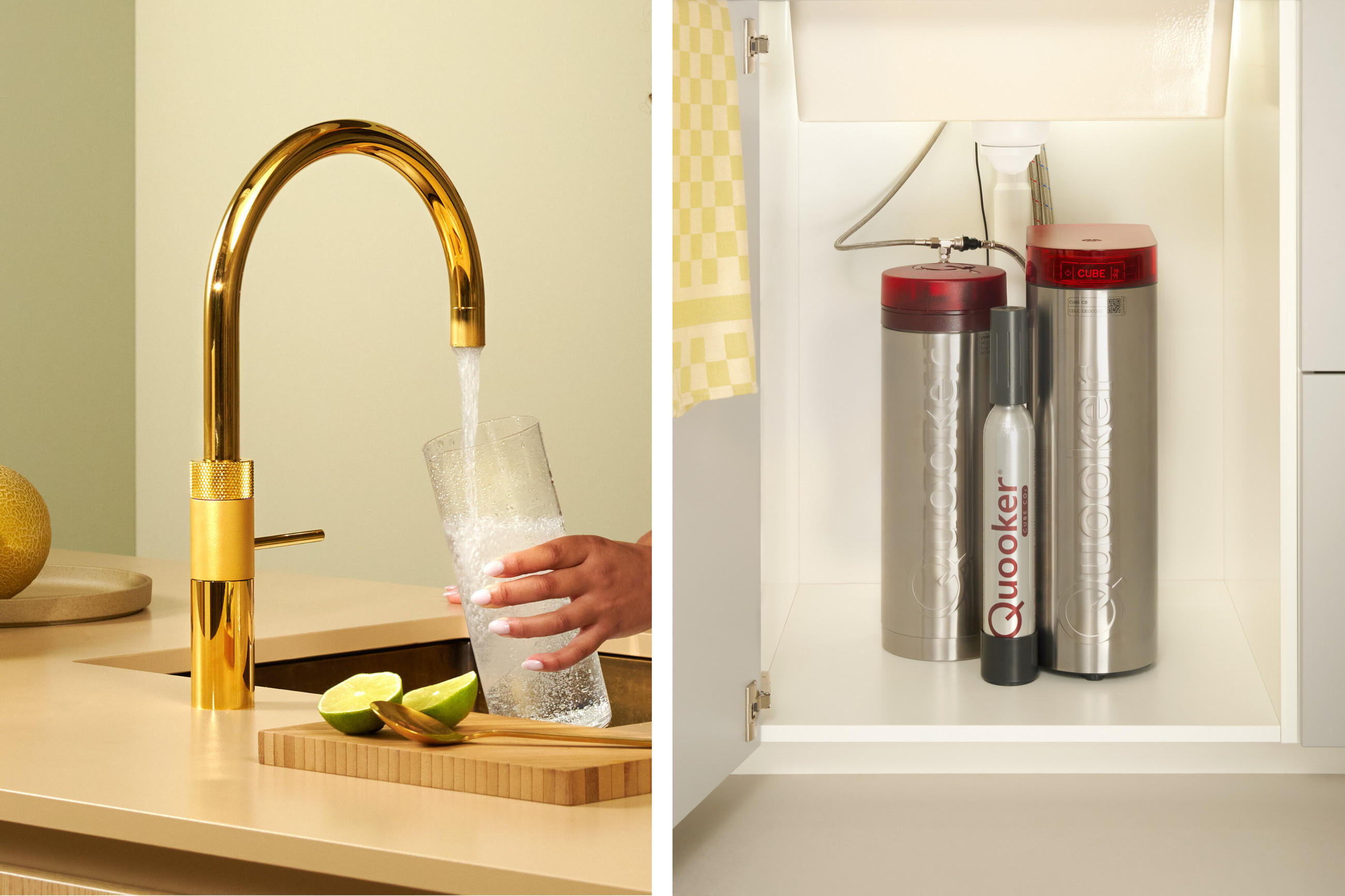 Zweiteiliges Motiv: Quooker Armatur in Goldoptik schenkt Sprudelwasser in ein Glas; daneben die Quooker Tanks und CO₂-Zylinder im Unterschrank (CUBE-System).