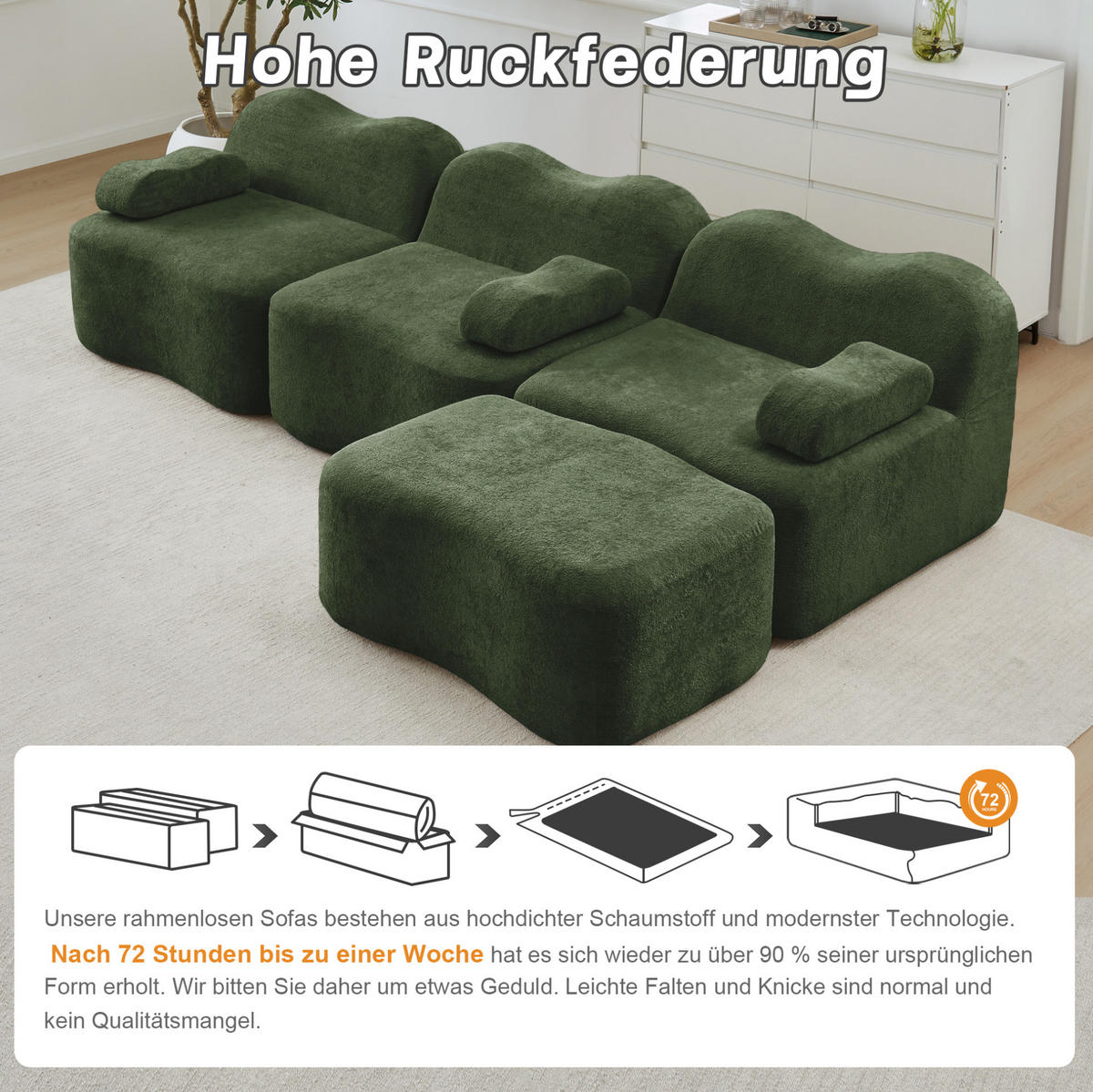 SOFA 288/167/70 cm in Grün aus Samt mit Wellenform und Hocker - Grün, Textil (167/70/288cm) - Flora Grace