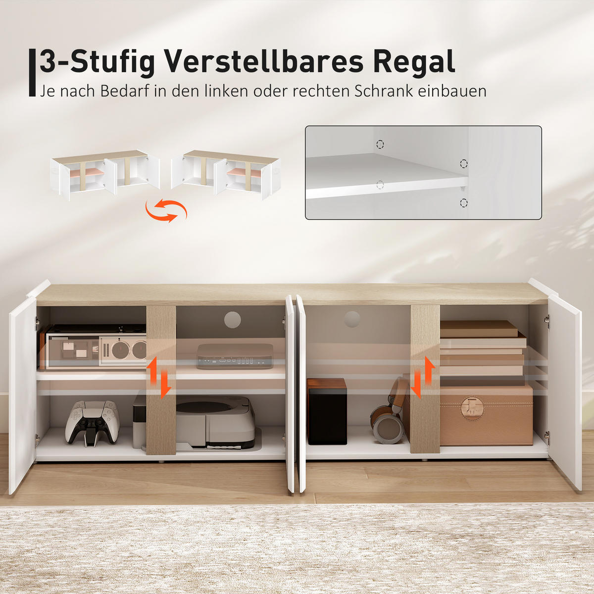 TV Schrank Hochglanz TV Board mit 4 Soft-Close-Türen für Fernseher bis zu 65Zoll - Weiß Hochglanz/Weiß, Holzwerkstoff/Kunststoff (38/45/135cm) - HOMCOM