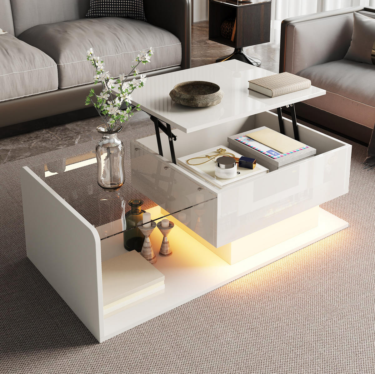 COUCHTISCH 100/50 cm in Weiß aus Spanplatte mit Höhenverstellung und LED-Lichtleiste - Weiß, Holzwerkstoff (100/50/33cm) - OKMYHOME