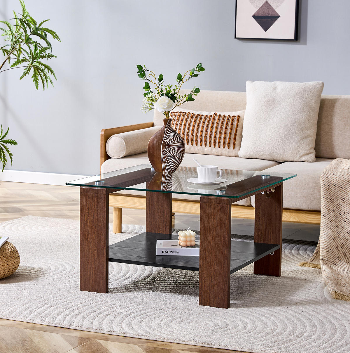 COUCHTISCH aus MDF und Glas 65x65x45,5 cm in Walnuss mit Stauraum - Walnussfarben, Holzwerkstoff (65/65/45.5cm) - Modfu