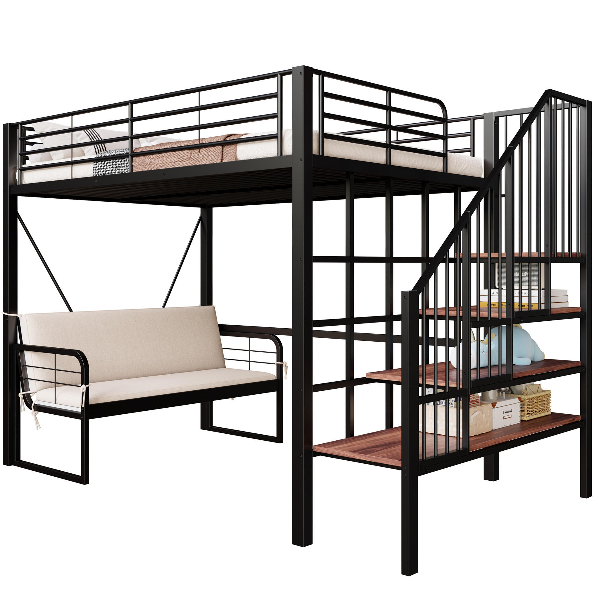 ETAGENBETT 140/200 cm schwarz aus Metall mit Sofa und Stauraum - Schwarz, Holzwerkstoff (140/200cm) - OKWISH