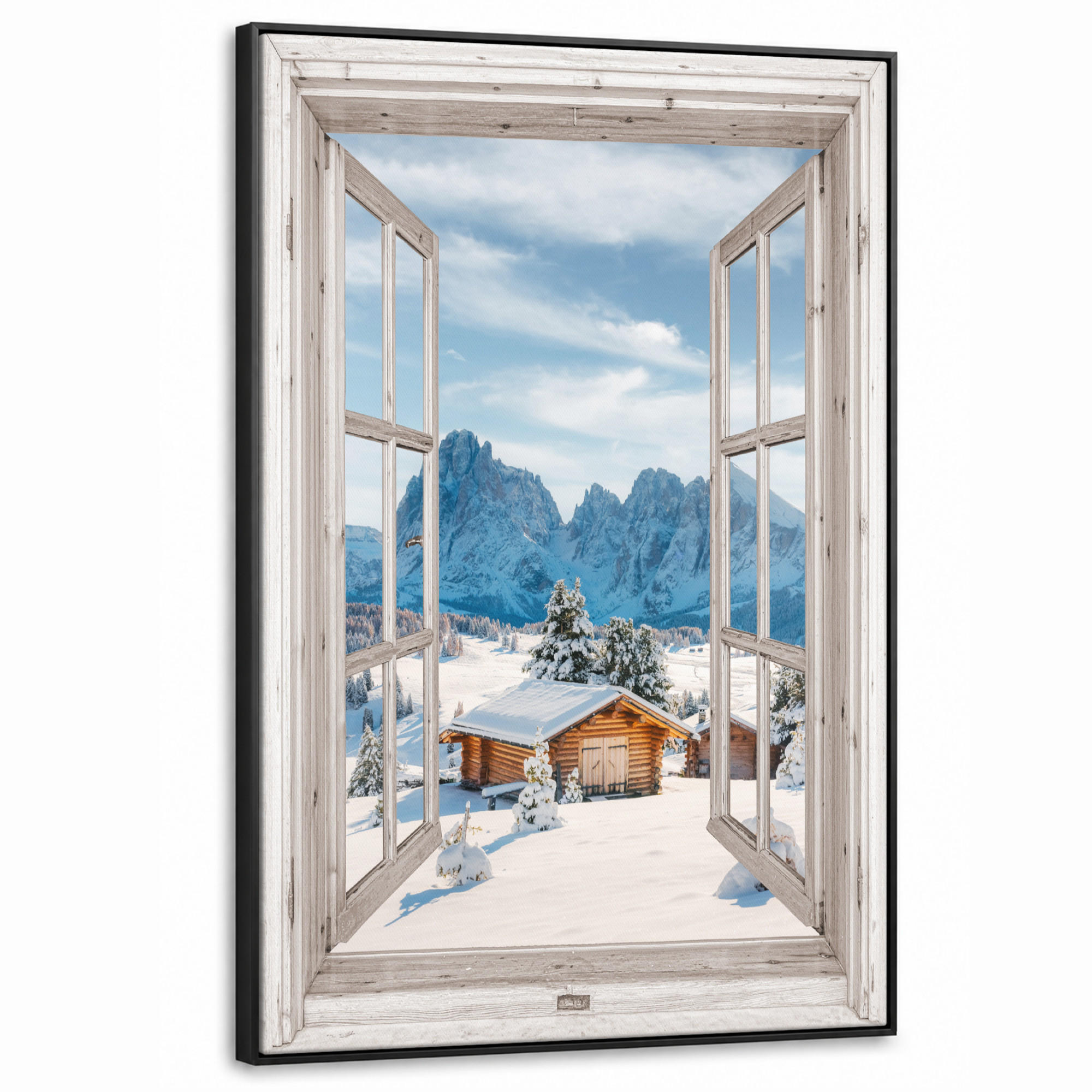 LEINWAND Bilder mit Rahmen - Winterlandschaft - Hütte - Berge - Ausblicke - Aussicht - Natur - 90x140 - Weiß Hochglanz, Textil (90/140cm) - MuchoWow