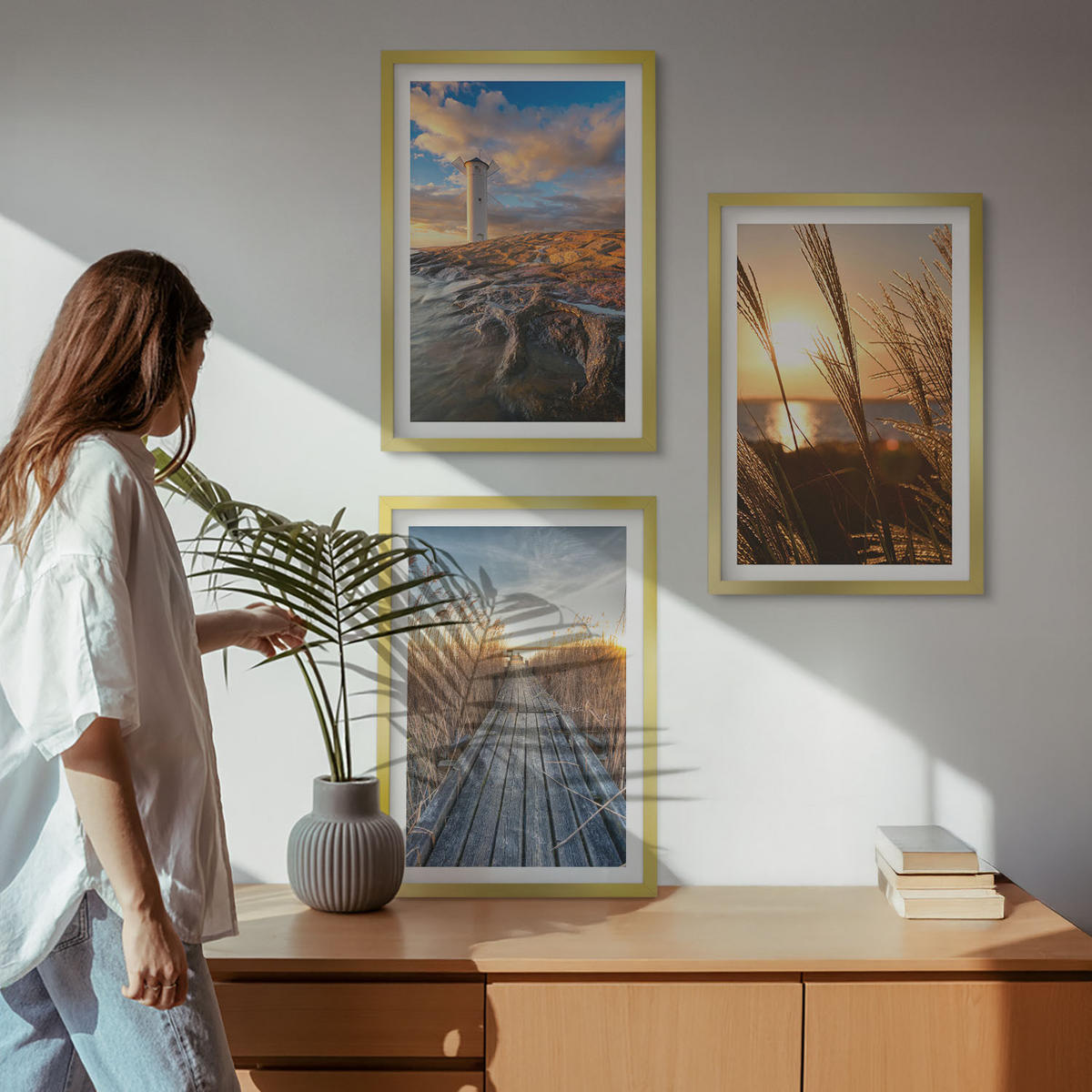 BILDER SET 3er Set - 40x60 cm Goldrahmen - Leuchtturm-Grassteg - Goldfarben, Kunststoff (40/60cm) - TULUP
