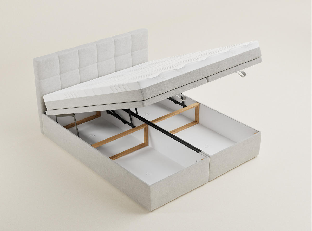 BOXBETT 160/200 cm Gotu S, in Hellbeige, Matratze, gepolstertes Kopfteil, Bettkasten, H3 = fest - Beige/Schwarz, Holz/Holzwerkstoff (160/200cm) - Maison de Reve
