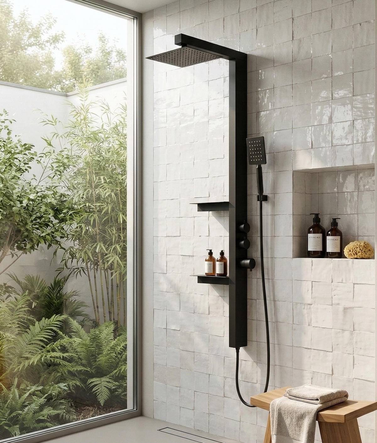 DUSCHPANEEL Avalon Schwarz Aluminium mit Mischbatterie - 145 x 3 cm - Schwarz, Holz (3/140/10cm) - Badplaats