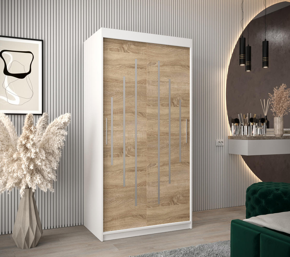 SCHWEBETÜRENSCHRANK 200/100/62 2-türig - Silberfarben/Weiß, Holz/Kunststoff (100/200/62cm) - Abiks Möbel
