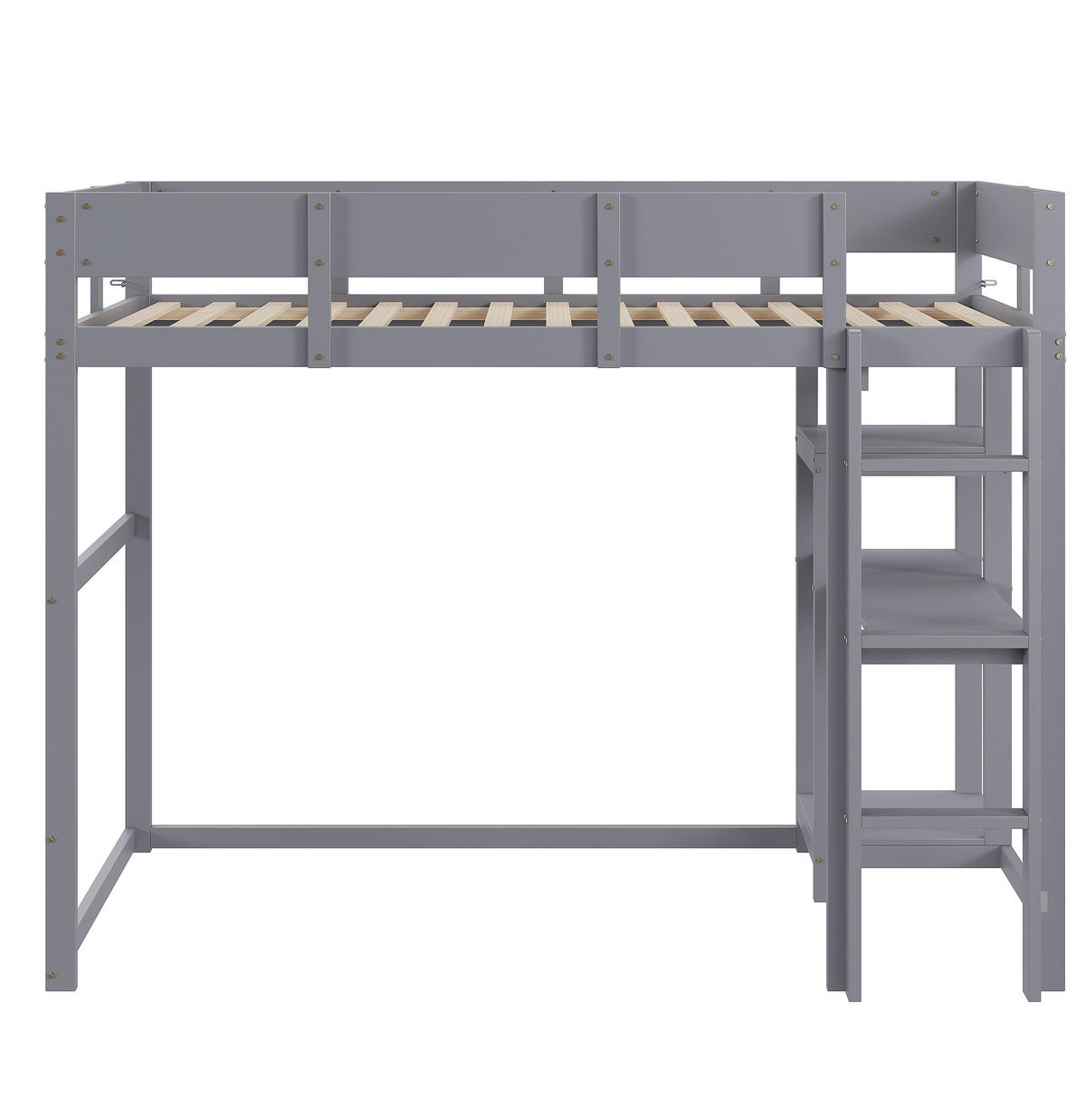 VISOKA postelja 90/200 cm siva z odlagalnim regalom iz masivnega lesa - siva, leseni material (90/200cm) - OKWISH