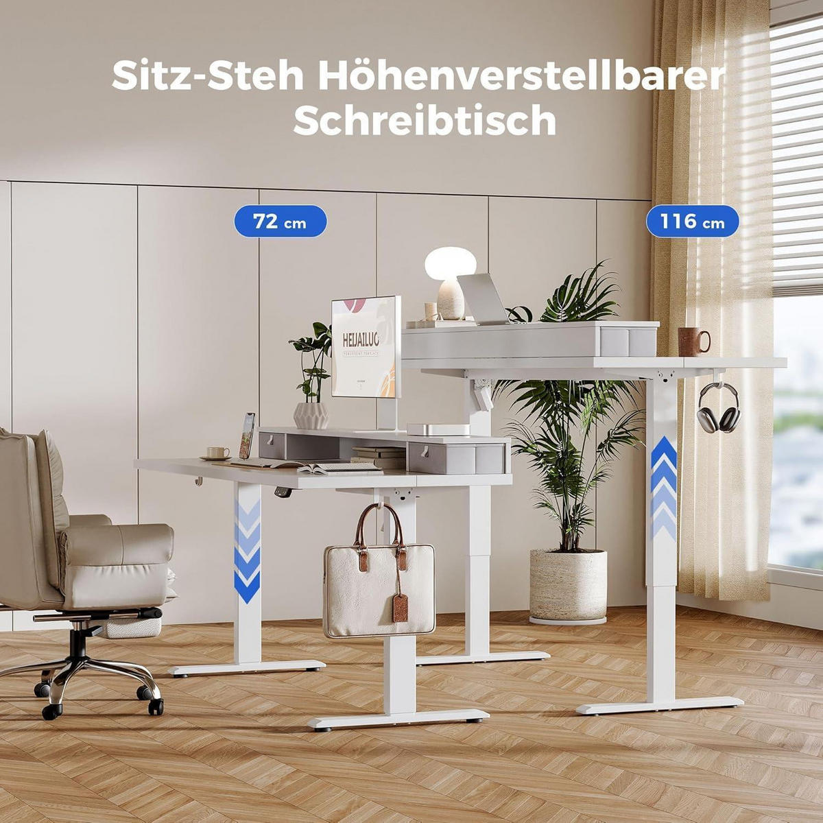 SCHREIBTISCH Höhenverstellbar Elektrisch mit 2 Schubladen 100 x 60 cm Weiß - Weiß, Holzwerkstoff (100/60/75cm)