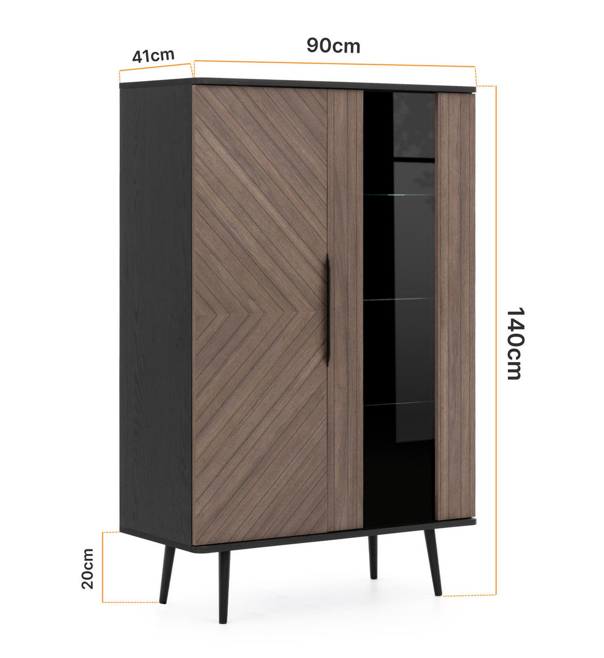 STANDVITRINE Pinelli 2-türig mit Metallfüße - Schwarz/Braun, Glas/Holzwerkstoff (90/140/41cm) - Ravio
