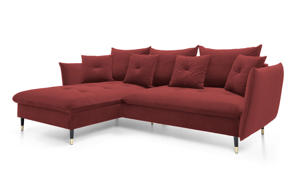 ECKSOFA GLAM mit Schlaffunktion, Ottomane & goldenen Füßen – Samtsofa im Glamour-Stil mit Zierkissen, 258x167x91cm, Linke, BURGUND - Bordeaux, Holz/Textil (167/258cm) - DomoHome