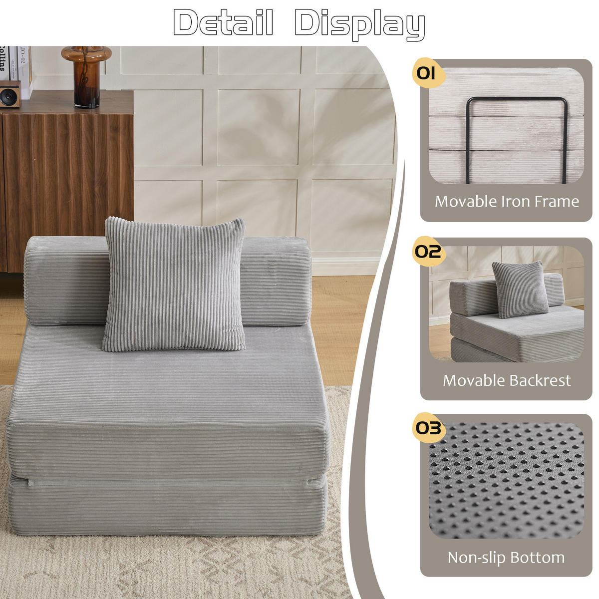 SCHLAFSOFA DE-33495 faltbar mit Rücken- und Armlehne Hellgrau - Hellgrau, Textil (92.5/60/92.5cm) - ComfortXL