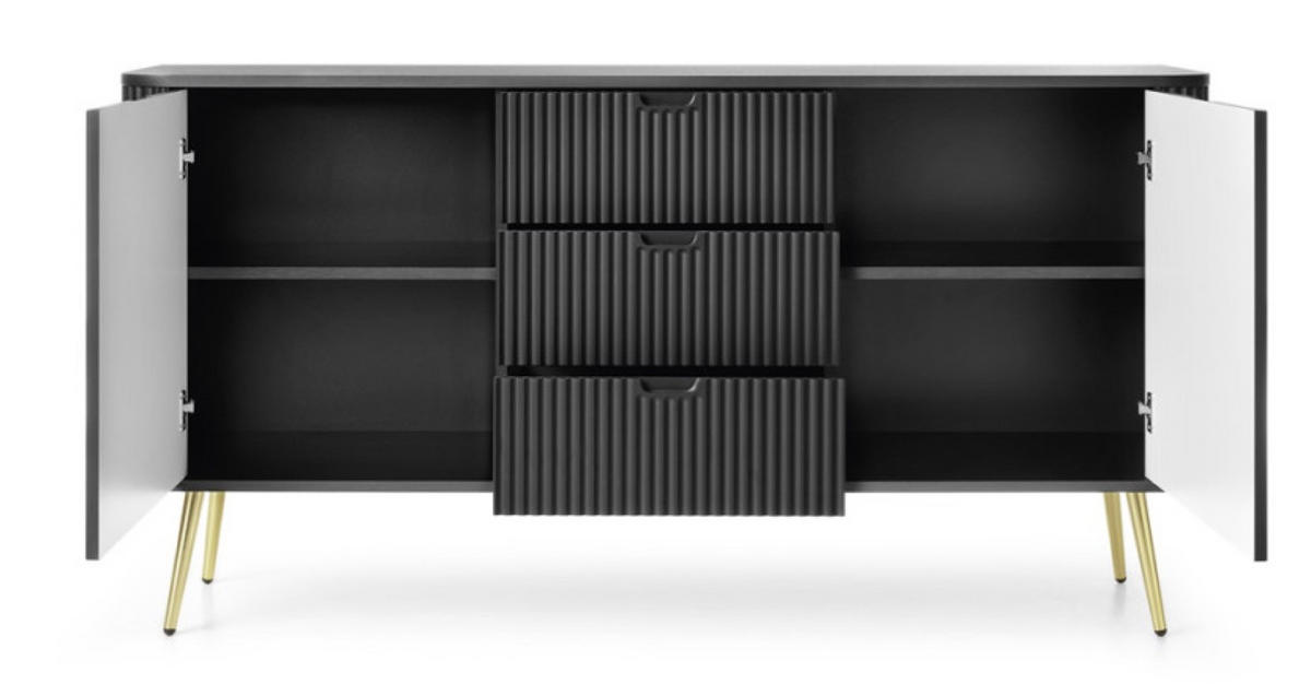 SIDEBOARD Schwarz KSZ168 Gefräst Mit Goldenen Griffen - Schwarz, Holzwerkstoff (168/87/39cm) - Sepro Meble