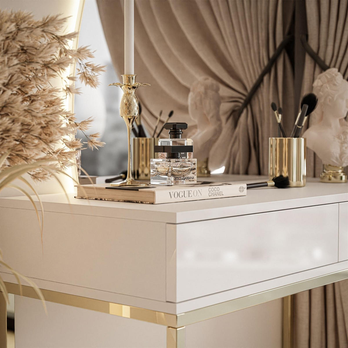 SCHMINKTISCH weiß QUINNIE mit LED-Spiegel gold Chrom links PUSH OPEN - Goldfarben/Weiß, Holzwerkstoff (100/176/42cm) - Lookway