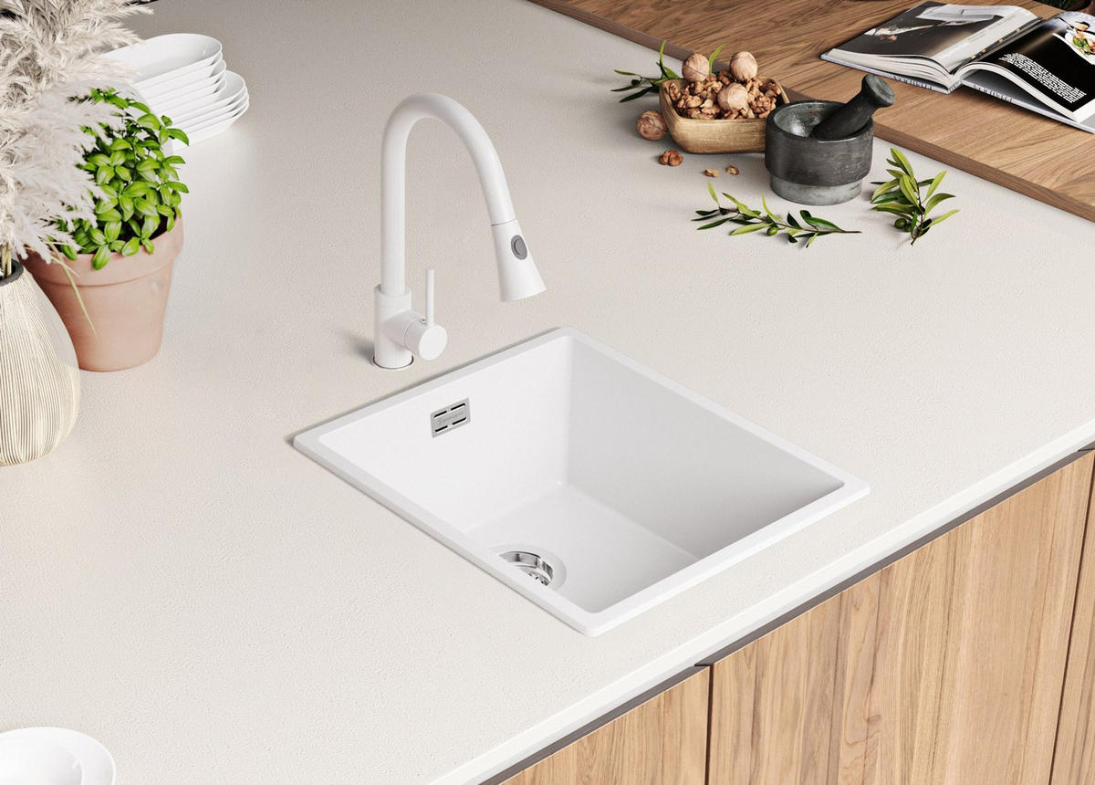 GRANITSPÜLE London Slim, 2-er set Alles Weiß 41/47 cm 1 Becken + Küchenarmatur 32/20 cm + Ablauf-Set ab 45er Unterschrank - Weiß, Kunststoff (41/20/47cm) - Primagran