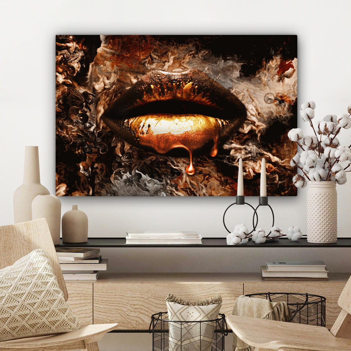 LEINWANDBILD Gold - Lippen - Kunst - Gold - Luxus - Abstrakt Wanddeko 90x60 cm - Kupferfarben, Textil (90/60cm) - MuchoWow