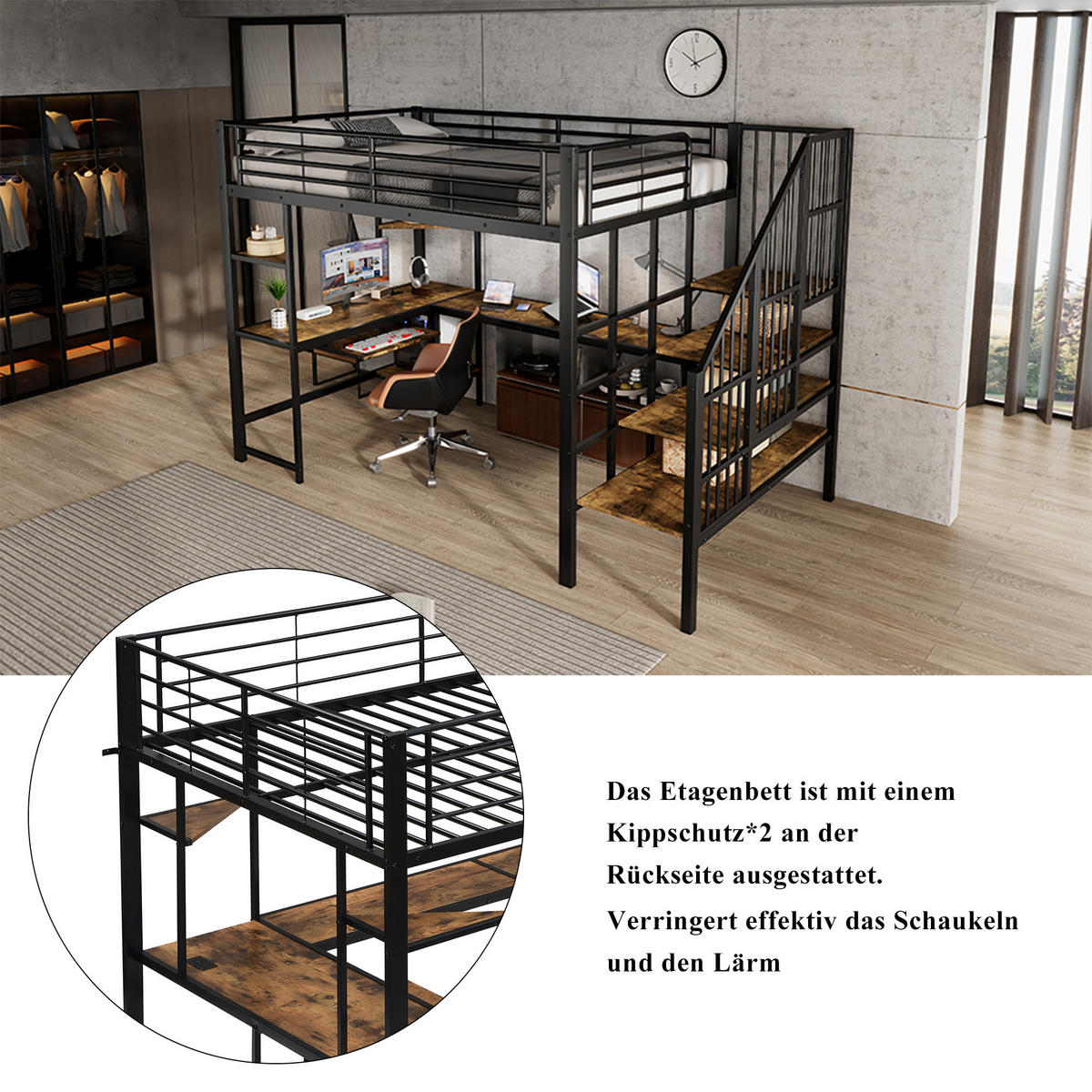 HOCHBETT 120/200 cm in Schwarz & Dunkelwalnuss mit Ladeanschluss, Ecktreppe und Schreibtisch - Schwarz, Holzwerkstoff/Metall (120/200cm) - CHICFURN