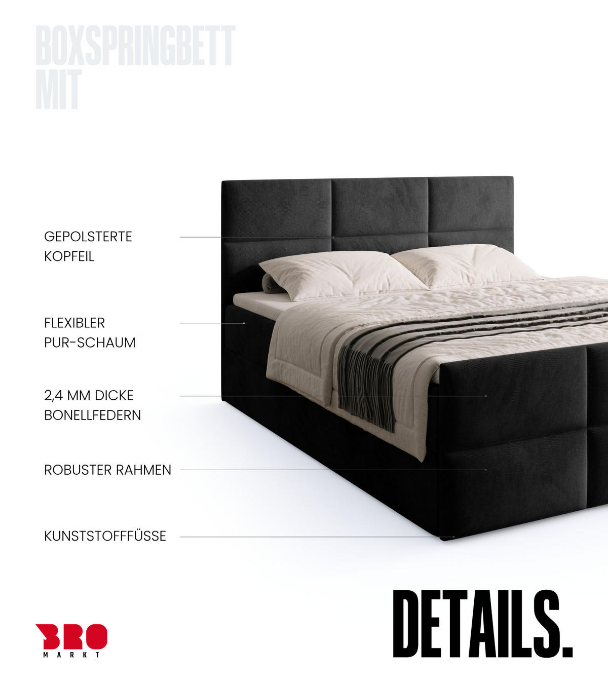 BOXSPRINGBETT Boston Duo Mit Bettkasten, Topper und Matratze Schwarz Kronos 07 180x200 cm - Schwarz, Textil (180/200cm) - Bromarkt