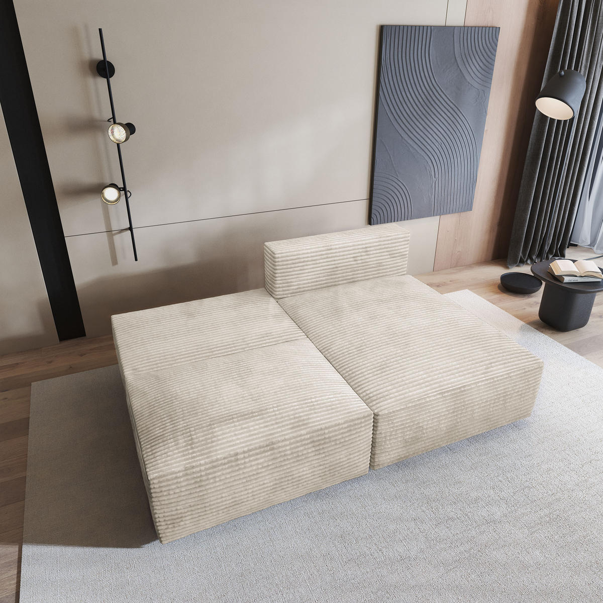 ECKSOFA FIORO Creme Kordstoff mit Schlaffunktion - Creme, Holz (204/148cm) - MASSENO