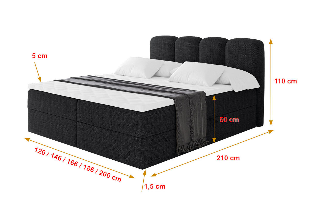 BOXBETT mit Matratze H4 - NINA - 160x200 cm - Schwarz - Schwarz, Holzwerkstoff (160/200cm) - ALTDECOR