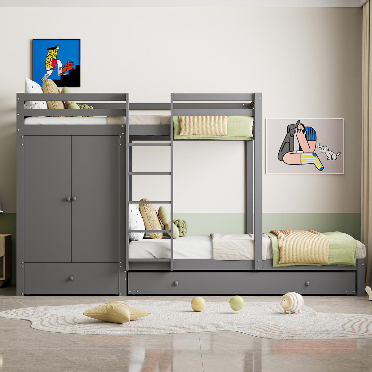 ETAGENBETT mit Ausziehbett und Kleiderschrank 90x200 cm Grau - Grau, Holzwerkstoff (90/200cm) - Beauniv