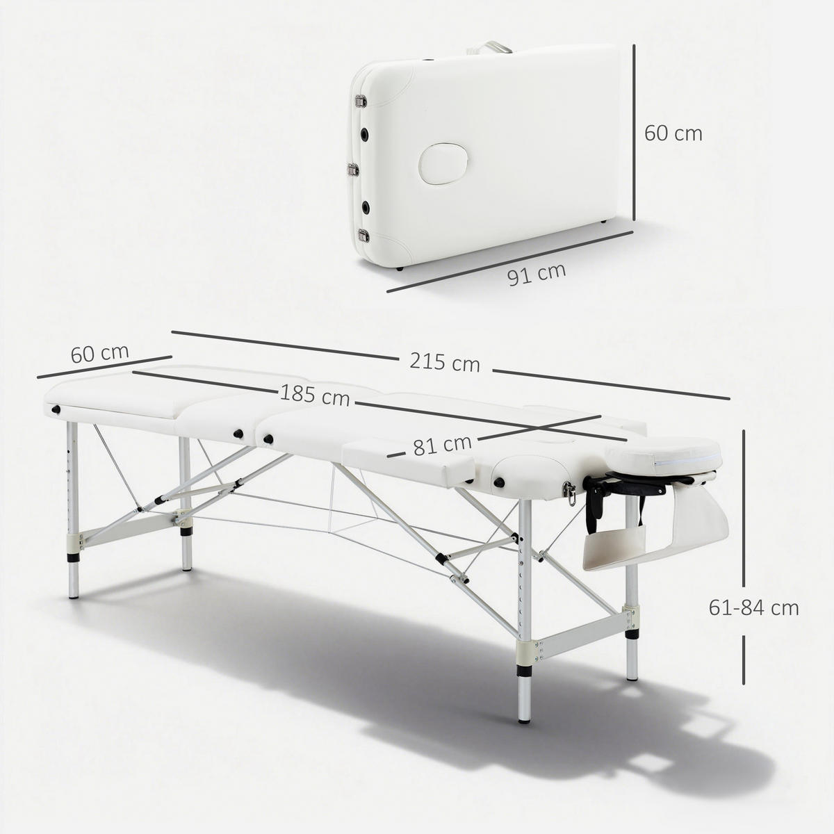 MASSAGELIEGEN höhenverstellbarer Massagetisch Massagebett Aluminium Kunststoff - Weiß, Metall (81/84/215cm) - HOMCOM