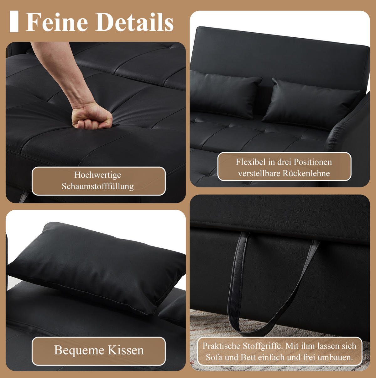 SCHLAFSOFA PU-Bezug wasserabweisend und ausziehbar Antikschwarz 122/83/82 cm - Schwarz, Kunststoff (83/82/122cm) - Redom