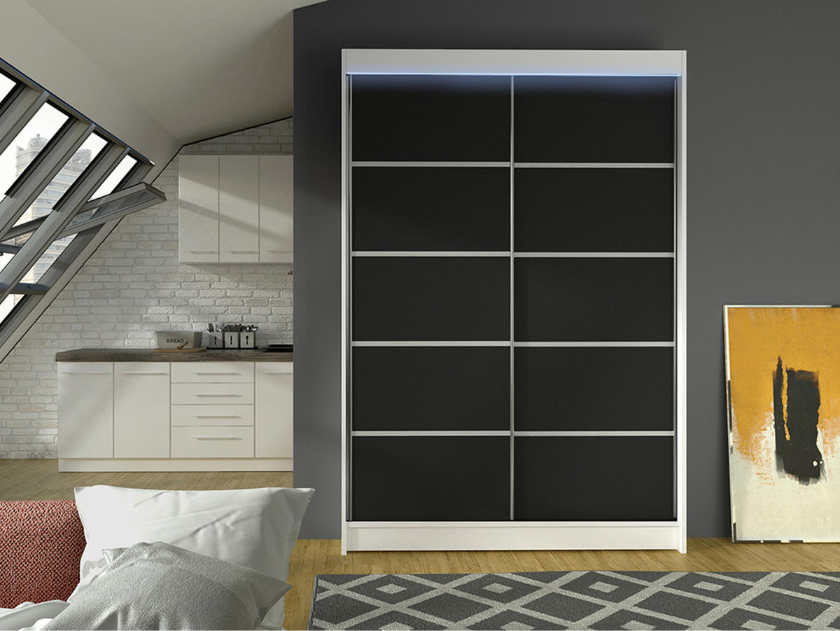SCHWEBETÜRENSCHRANK Lino IV mit RGB LED Beleuchtung - Schwarz/Weiß, Holzwerkstoff/Metall (120/200/58cm) - MIRJAN24
