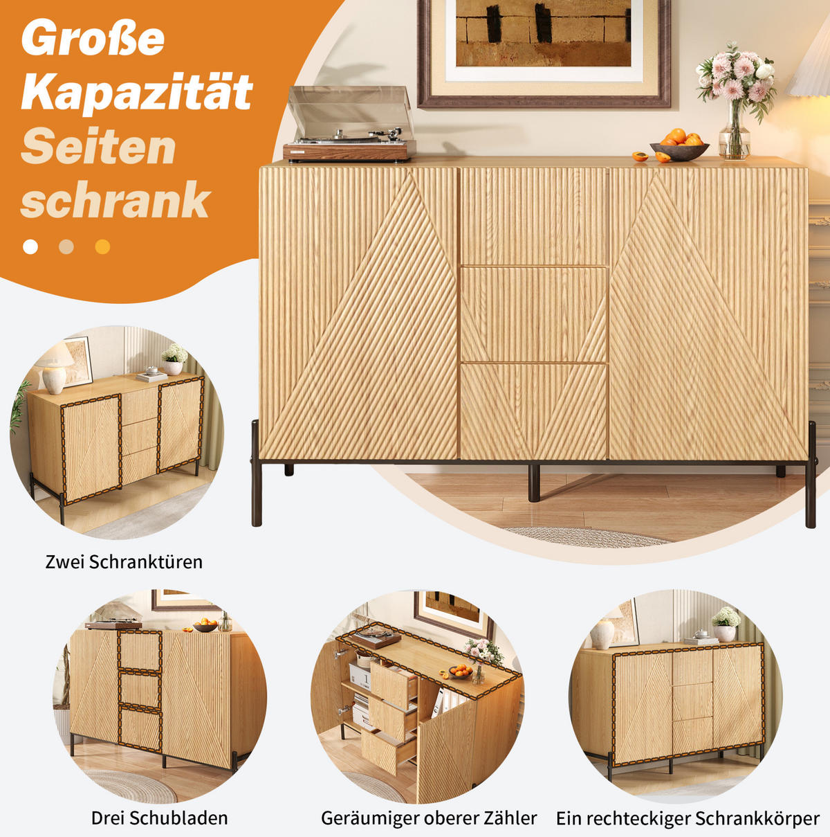 SIDEBOARD 115,5/40/76 cm mit geometrischen Türen, Schubladen und Eisenbeinen, MDF, Natur - Naturfarben, Holzwerkstoff (115.5/76/40cm) - Redom