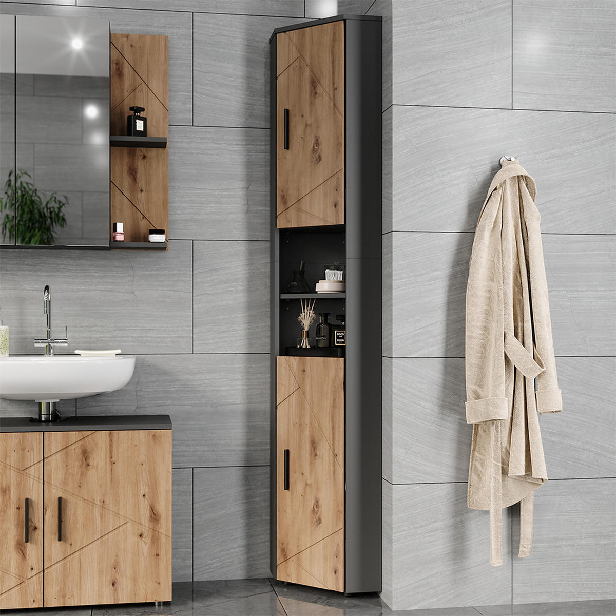 HOCHSCHRANK Irma Anthrazit/Artisan 33 x 192 cm mit 2 Türen - Anthrazit/Eiche Artisan, Holzwerkstoff (33/192/33cm) - Vicco