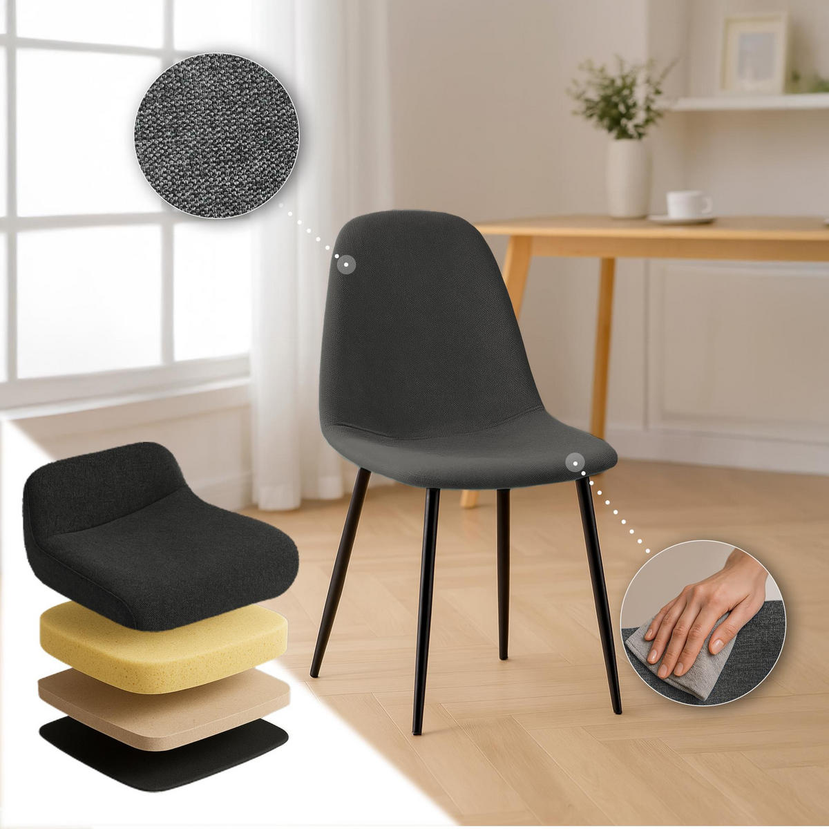 STUHL 4er Set Stoff Grau - Schwarz/Grau, Textil/Metall (44/88/51cm) - CLP