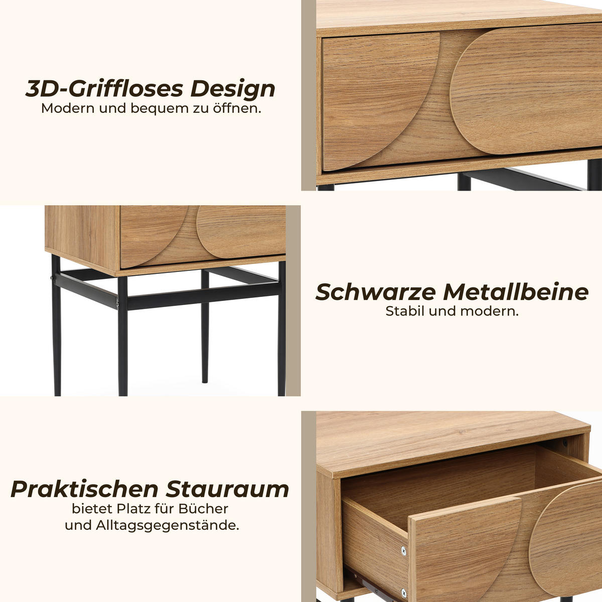 NACHTTISCH Holz mit Schublade, Metallbeinen, Holzoptik | B47.5 x T39 x H58 cm - Braun, Holzwerkstoff (47.5/58/39cm) - Hometopia