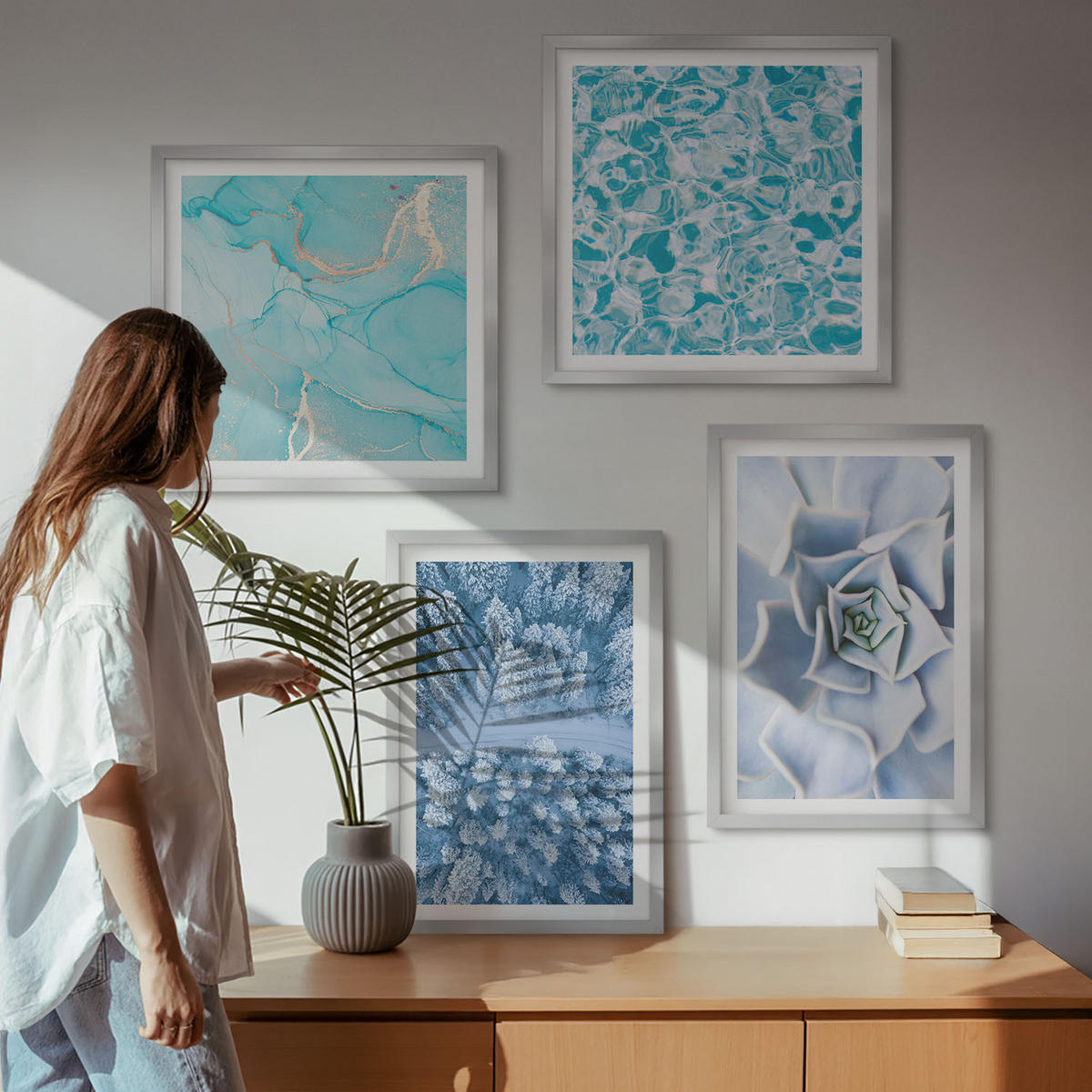 BILDER SET 4er Set - 50x50 cm & 40x60 cm Silberner Rahmen - Winterwald-Blaublume - Silberfarben, Kunststoff (50/50cm) - TULUP