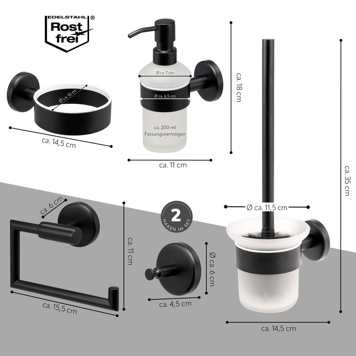 BADEZIMMER-ZUBEHÖR-SET PIAZZA BLACK 5tlg, Edelstahl, schwarz - Chromfarben, Metall (14.5/35/11.5cm) - bremermann