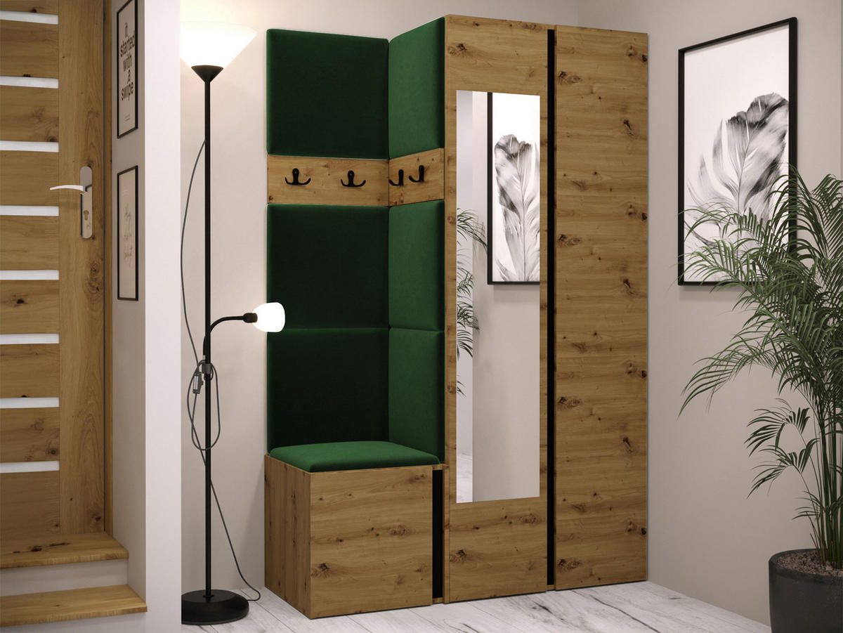 MOBILIER PENTRU HOL Orion XXVI - verde/stejar Artisan, material plastic/compozit lemnos (116/186/46cm) - MIRJAN24