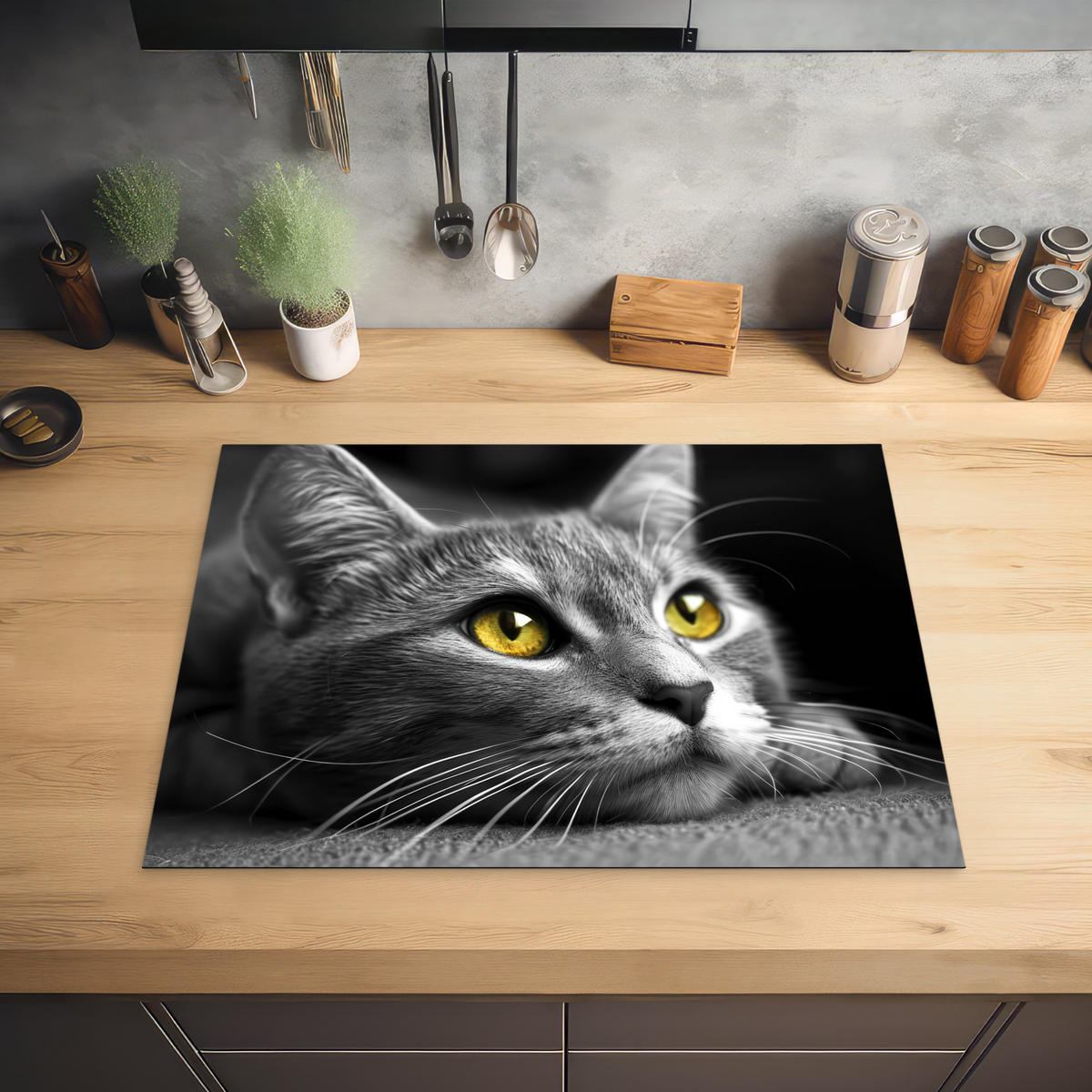 HERABDECKPLATTE - Katze - Grau - Tiere - Katze - 70x50 - Grau, Kunststoff (70/50/0.2cm) - MuchoWow
